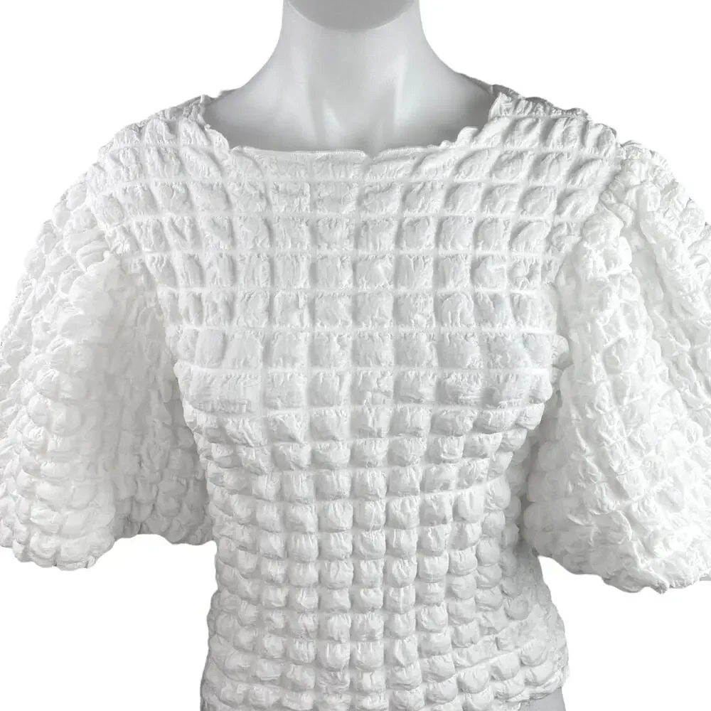 Anthropologie Eri + Ali Women's White Textured Bubble Puff Sleeve Blouse Top XXS